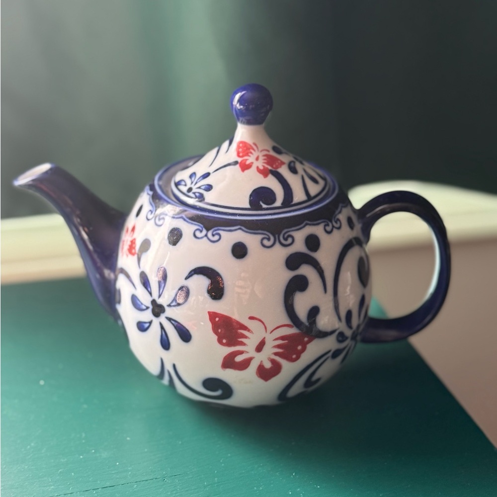 Pier 1 Elegant Blue and Red Butterfly Teapot